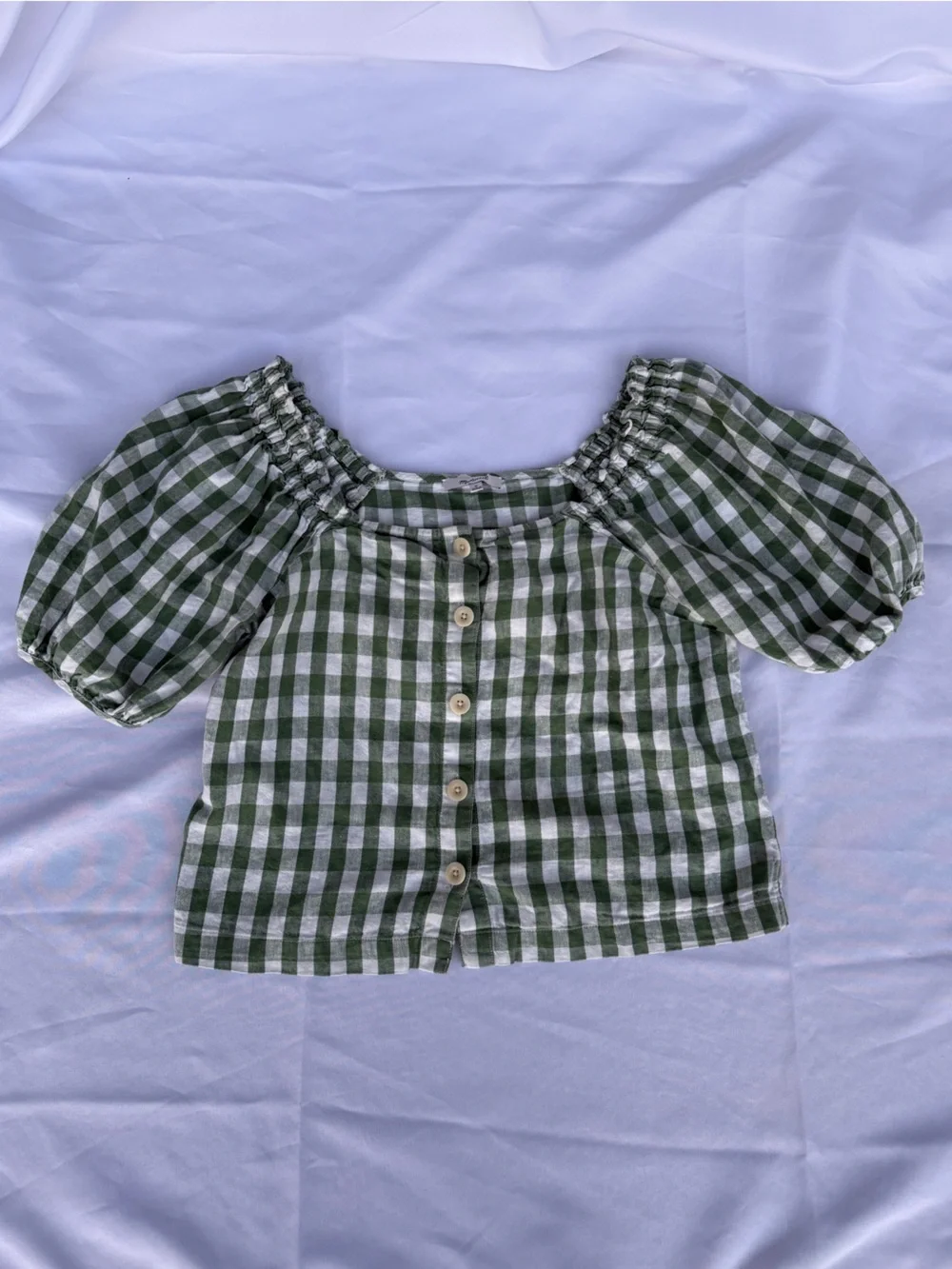 Madewell Green Gingham Puff Sleeve Top Size Medium